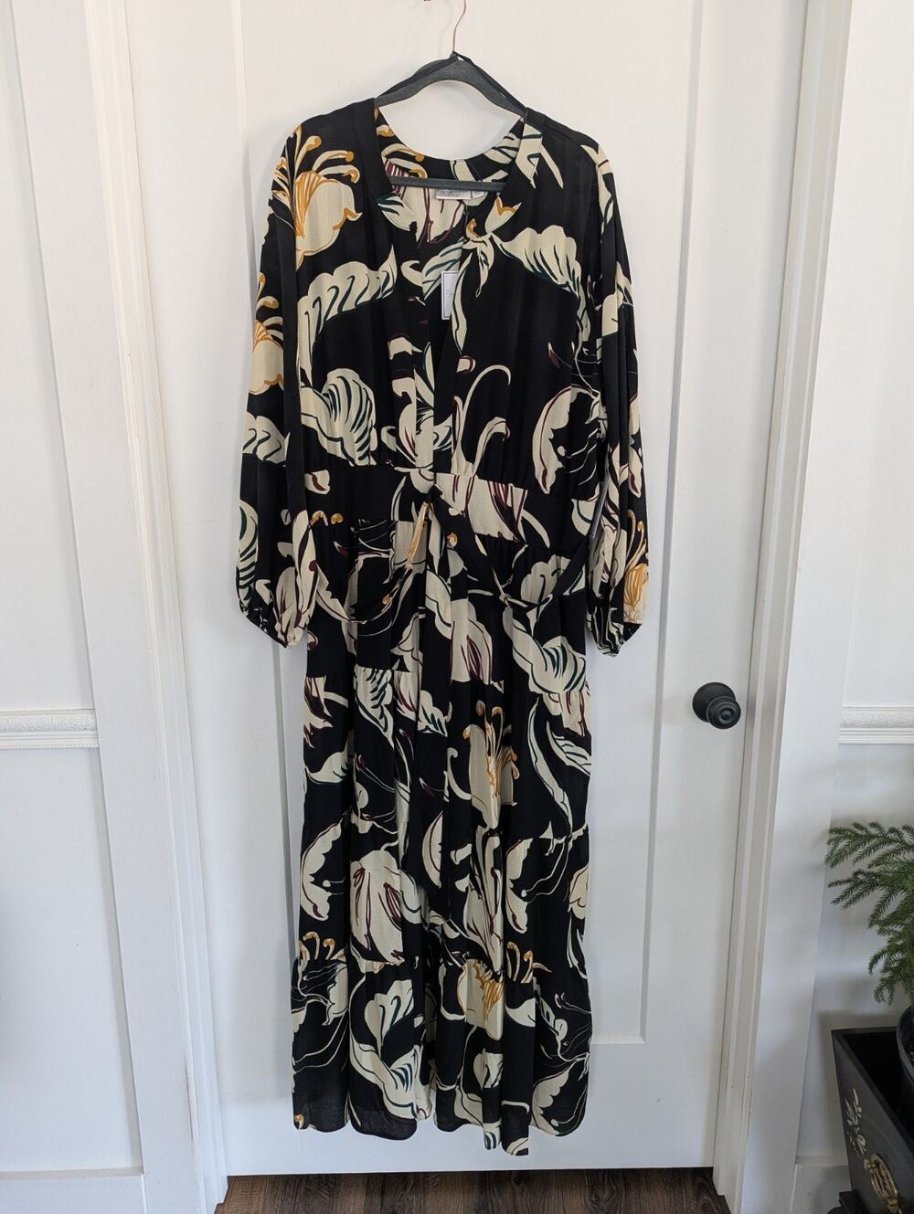 Premier Amour JCP 22W Blk/Multi Long Maxi Dress Peasant Sleeve Floral Chic NWT